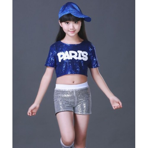Silver red royal blue paillette Children Sequin Jazz Hiphop show cheer leading Dance Modern Dance Costume  stage show outfits